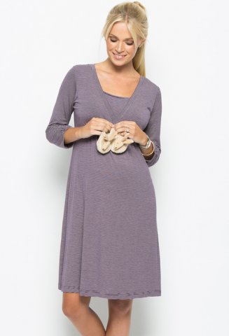 Amoralia zwangerschaps- & borstvoedings nightdress aubergine stripe